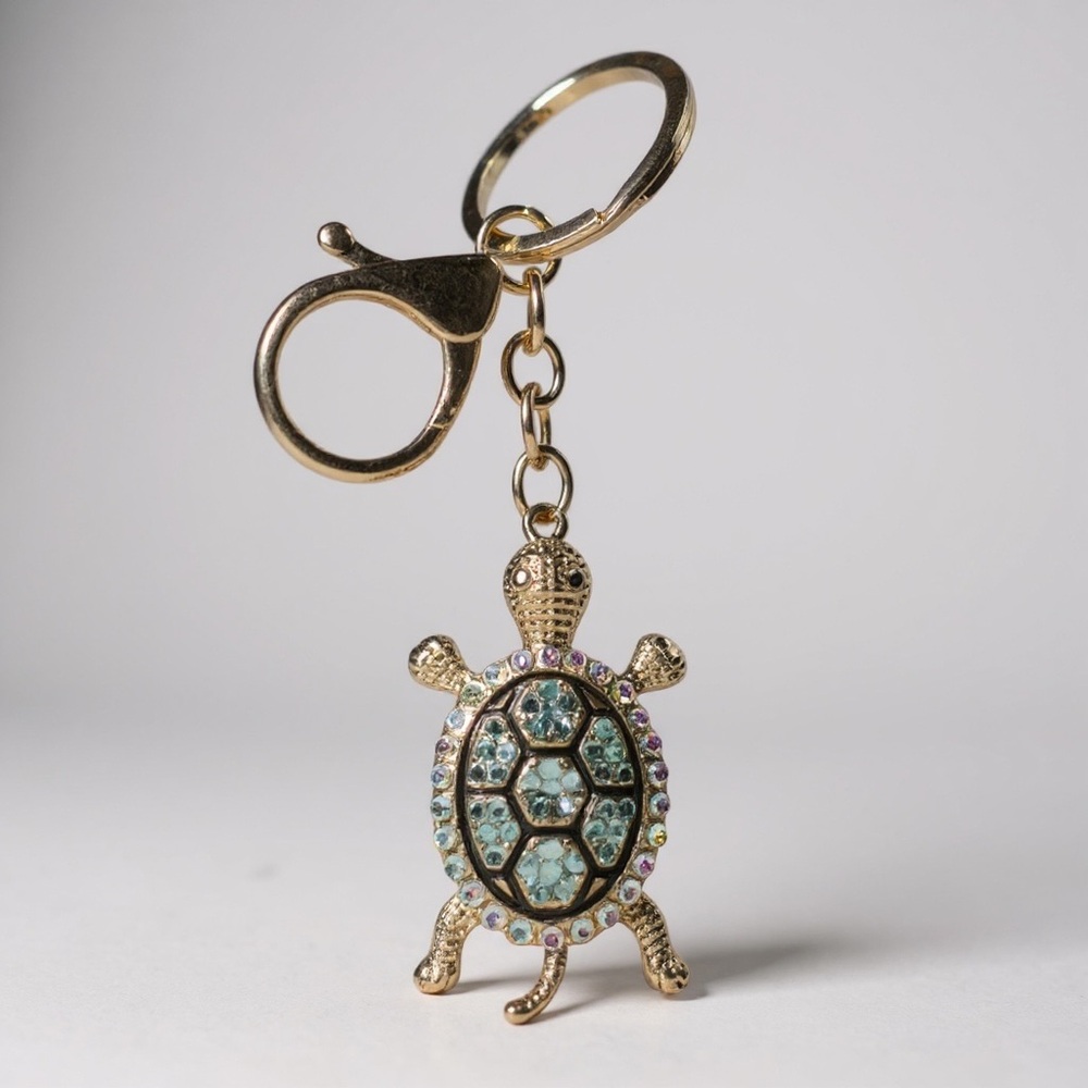Mint Sea Turtle Keychain Bag Charm Gold Tone Black Enamel AB Crystals NWT ✨3/$15 - Picture 1 of 2